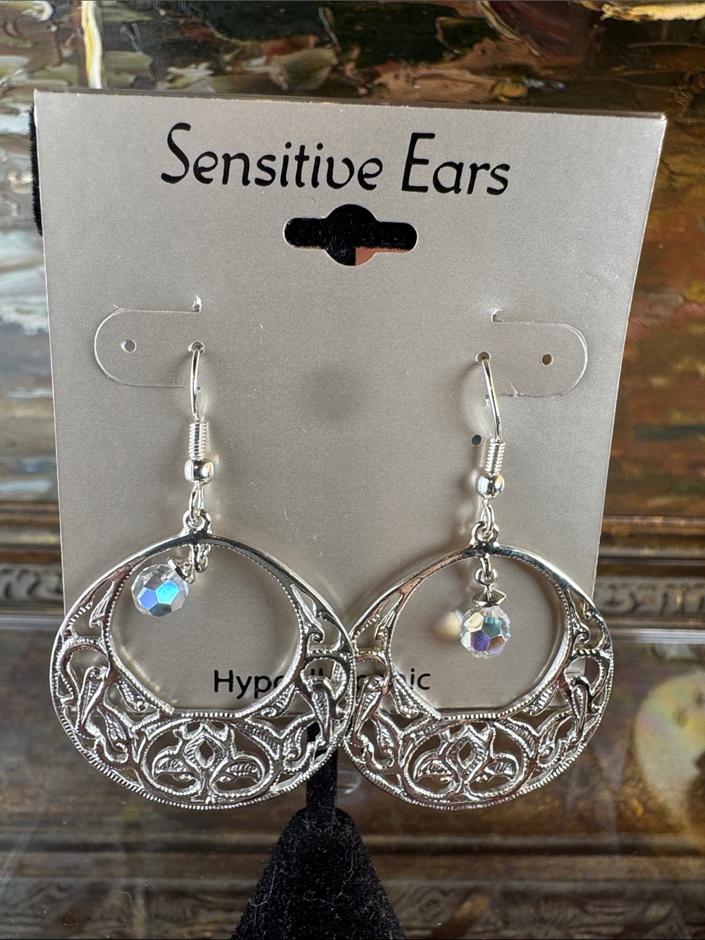 0515-Silver Filigree Hoop Earrings with Iridescent Crystal